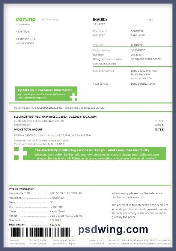 Finland Caruna Utility Bill